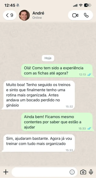 WhatsApp de André: antes andava perdido no ginásio, agora treina com a rotina organizada