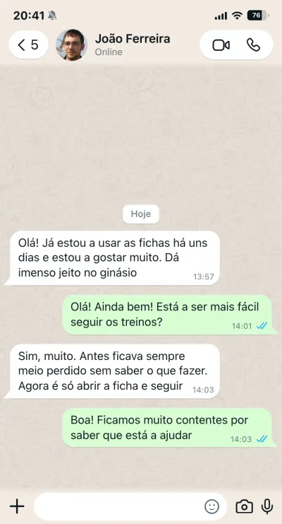 WhatsApp de João Ferreira: antes ficava perdido no ginásio, agora abre a ficha e segue